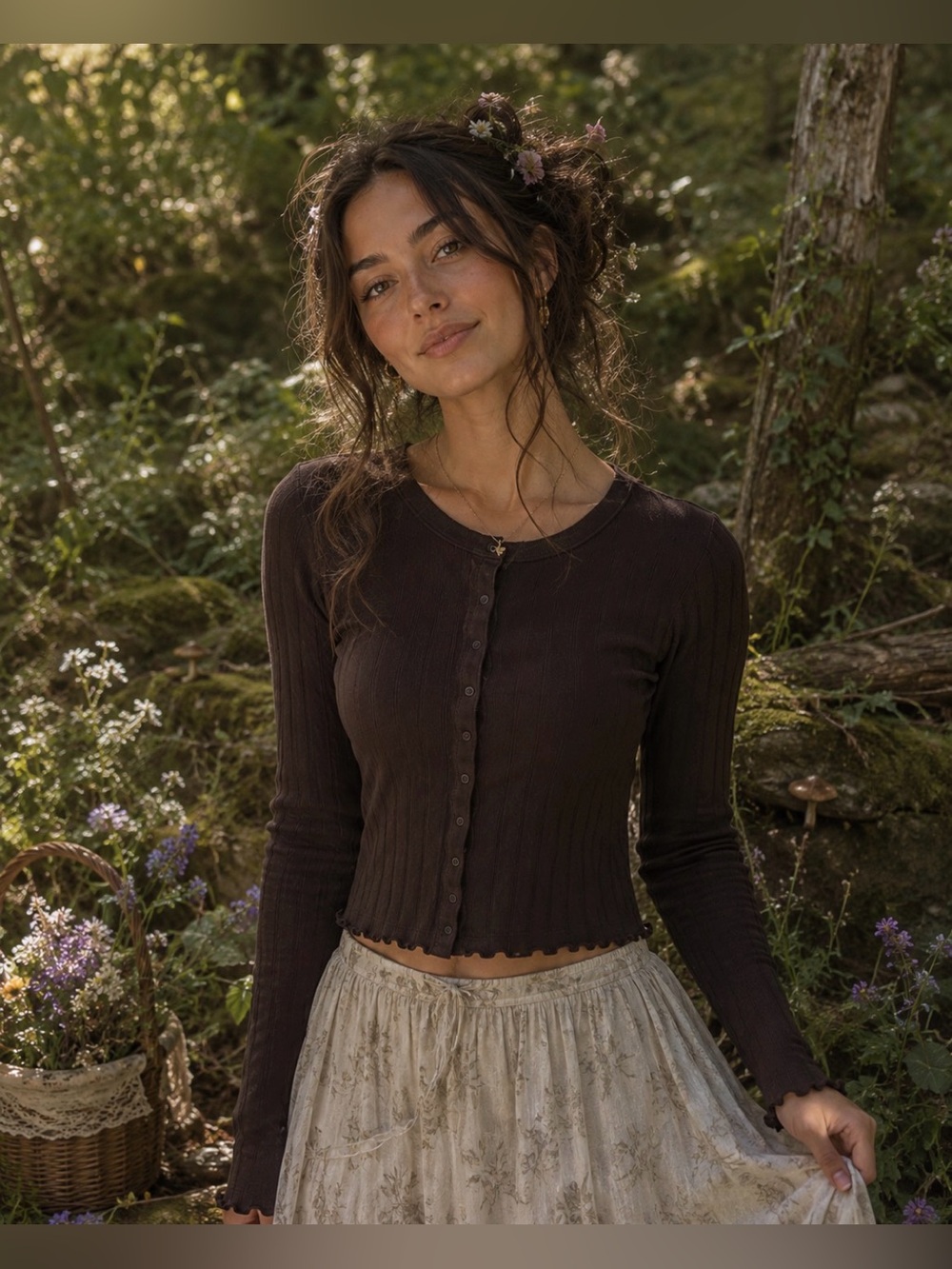 Aerie Brown Ribbed Pointelle Snap Cardigan XL Fairycore Lettuce Hem